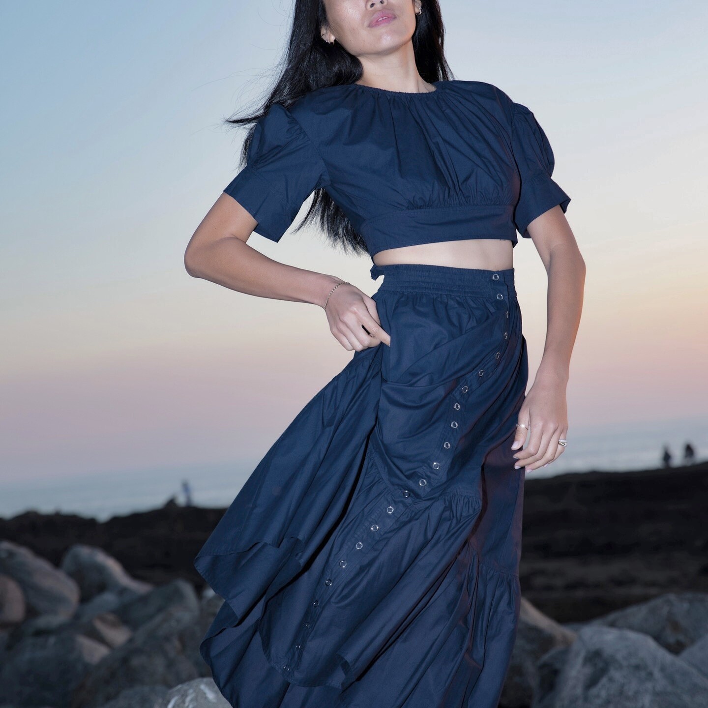 A.L.C. Jade Nightshade Navy Blue Snap Button Ruffle Full Maxi Skirt Sz 4 ALC