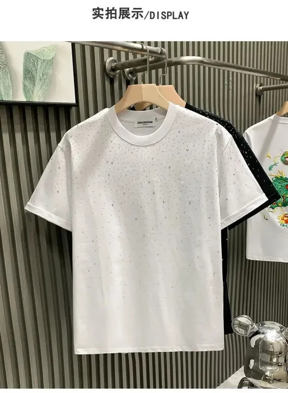 Summer Rhinestone Rivet T-shirt for Men Clothing Round Neck Casual T-shirt