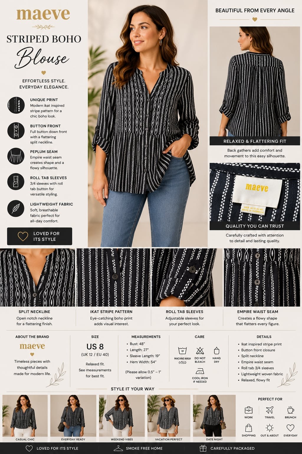 Maeve Anthropologie Calia Striped Boho Blouse Button Up Tunic