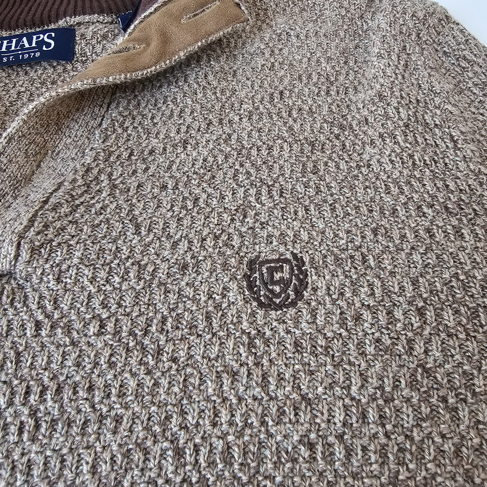 Chaps Mens Cardigan Sweater Cotton 3 Buttons Henley Elbow Pads Size Small Tan