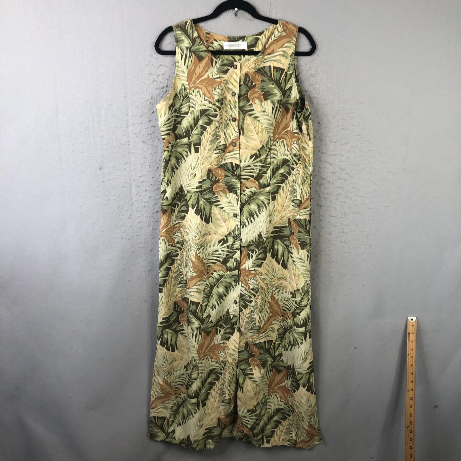 Beach Dress Women L Green Tropical Leaf Button Front Maxi Sundress Cruise Resort