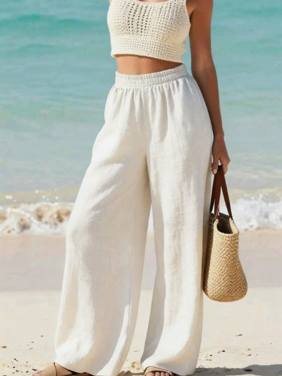 Unisex Summer Cotton Wide Leg Pants Baggy High Waist Casual Trousers