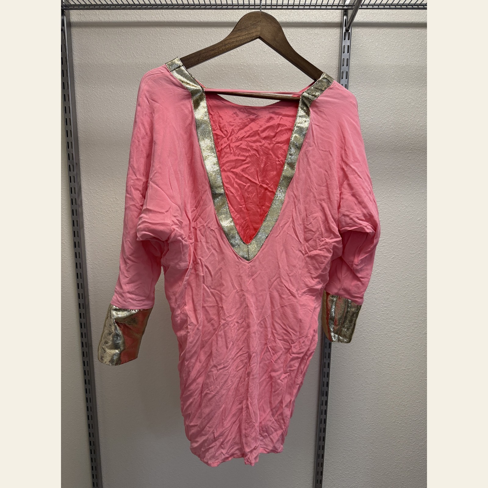 Ella Luna Paris Dress Fantasme Silk Tunic Top Salmon Coral Gold Trim V-Neck L