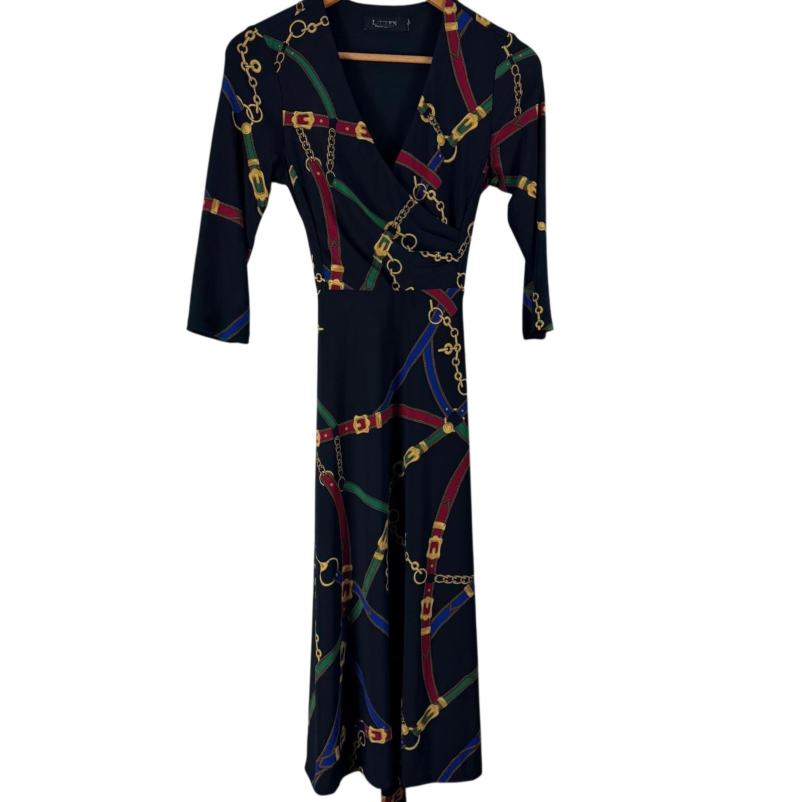 Lauren Ralph Lauren Equestrian Chain Print Faux Wrap Midi Dress Black Red Small
