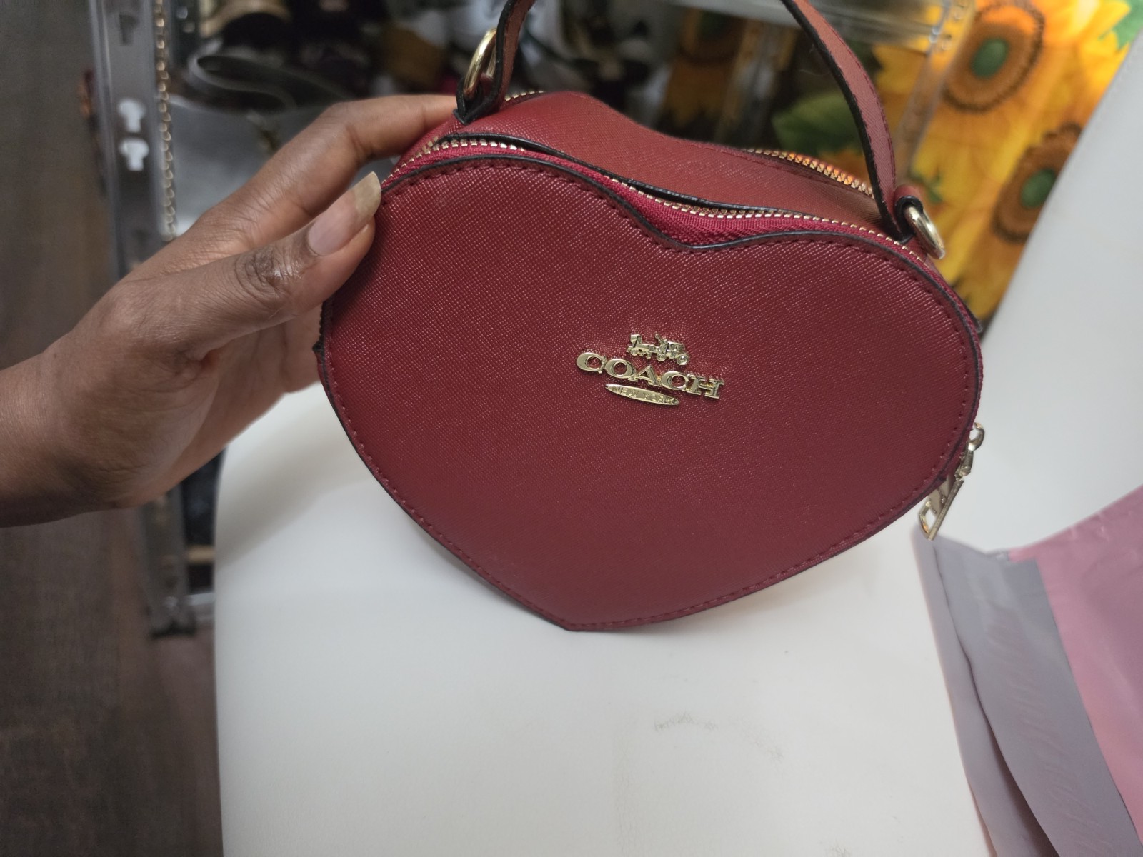 Coach Red Heart-Shaped Wristlet Zip Pouch w/ Wrist Strap Gold Logo
