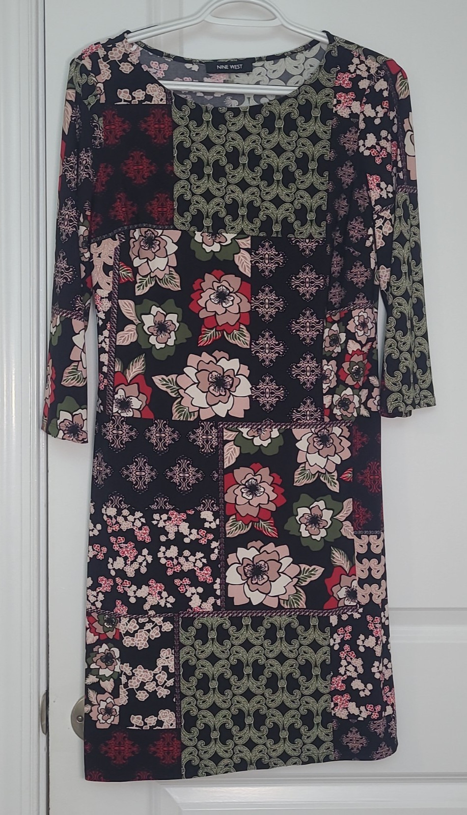 NINE WEST Womens Patchwork 3/4 Sleeve Dress Size 4 3/4 Sleeve Multicolor Stretch