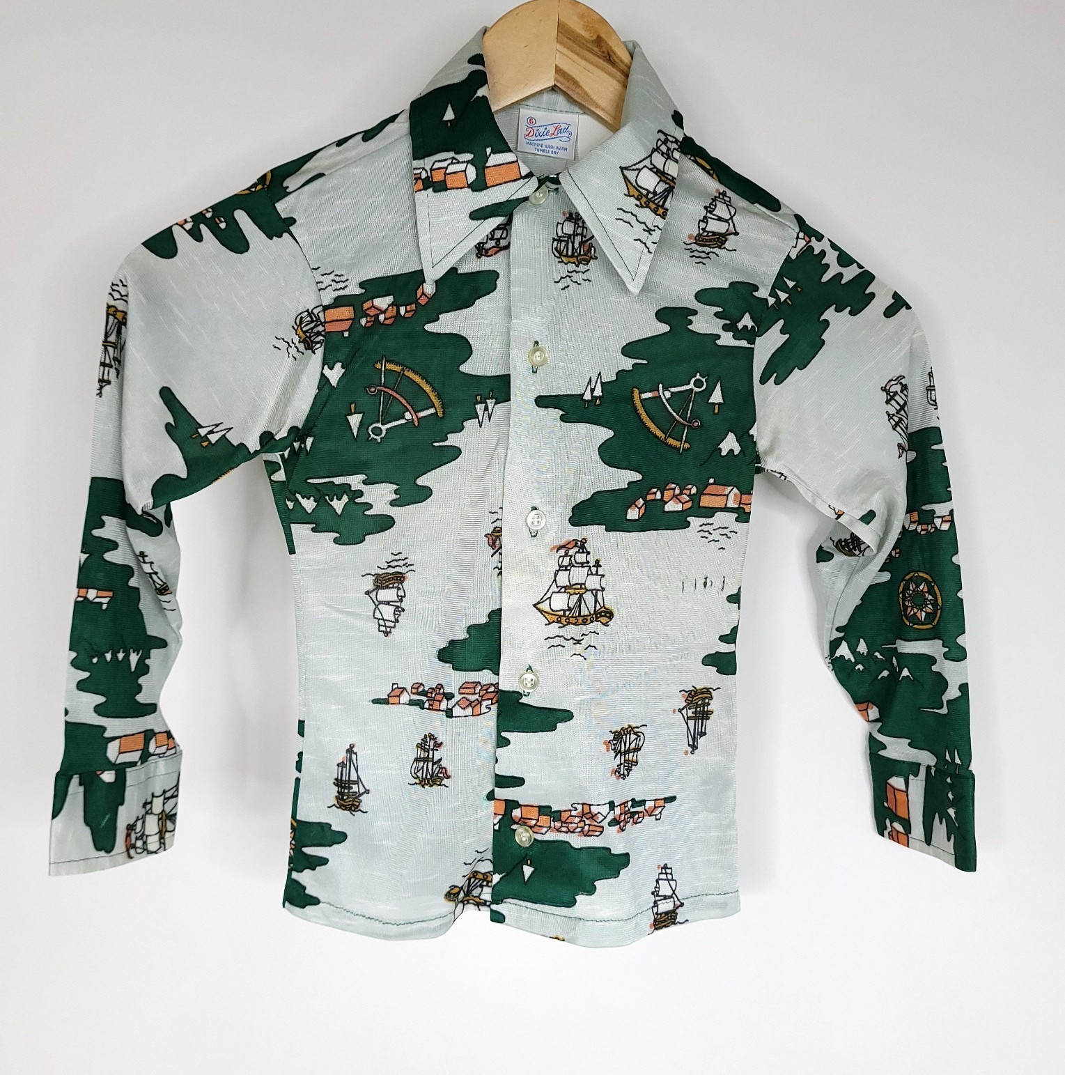 Vintage 70s Dixie Lad Girls Button Front Shirt 6 Green Boat Nautical Retro READ