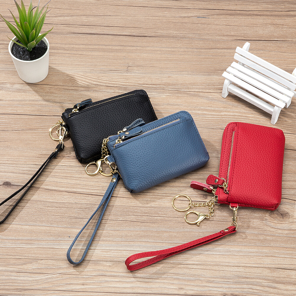 Soft Real Leather Coin Purse for Women Wristlet Mini Pouch Wallet with Keychain