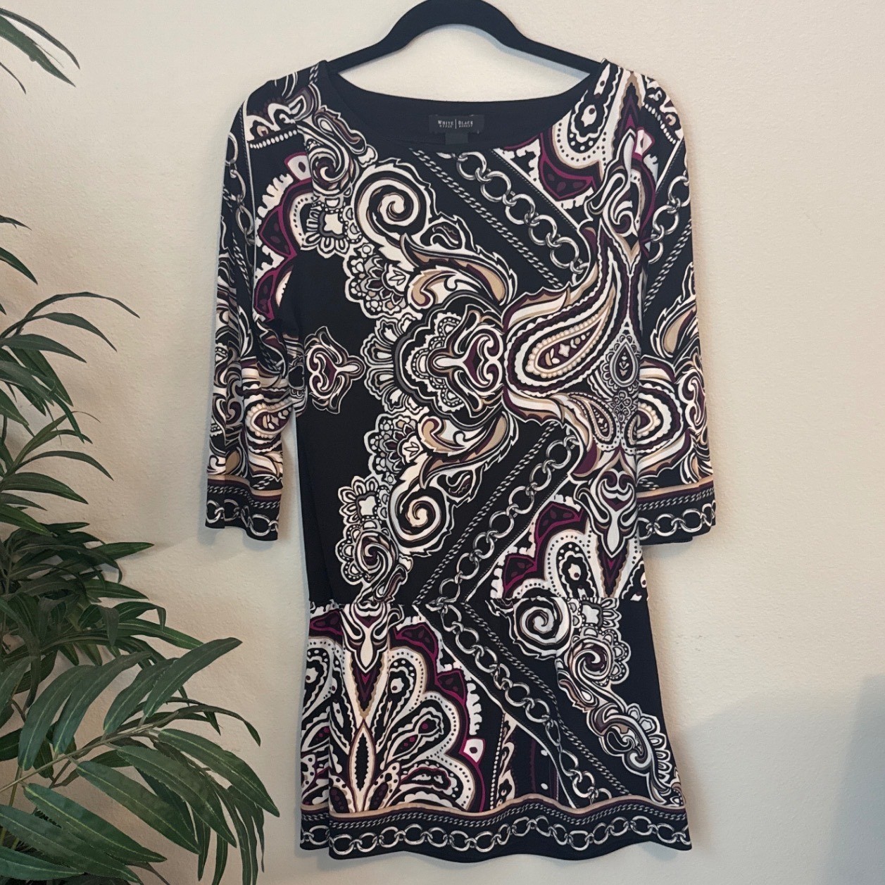 White House Black Market Paisley Chain Print 3/4 Sleeve Sheath Dress Small Black