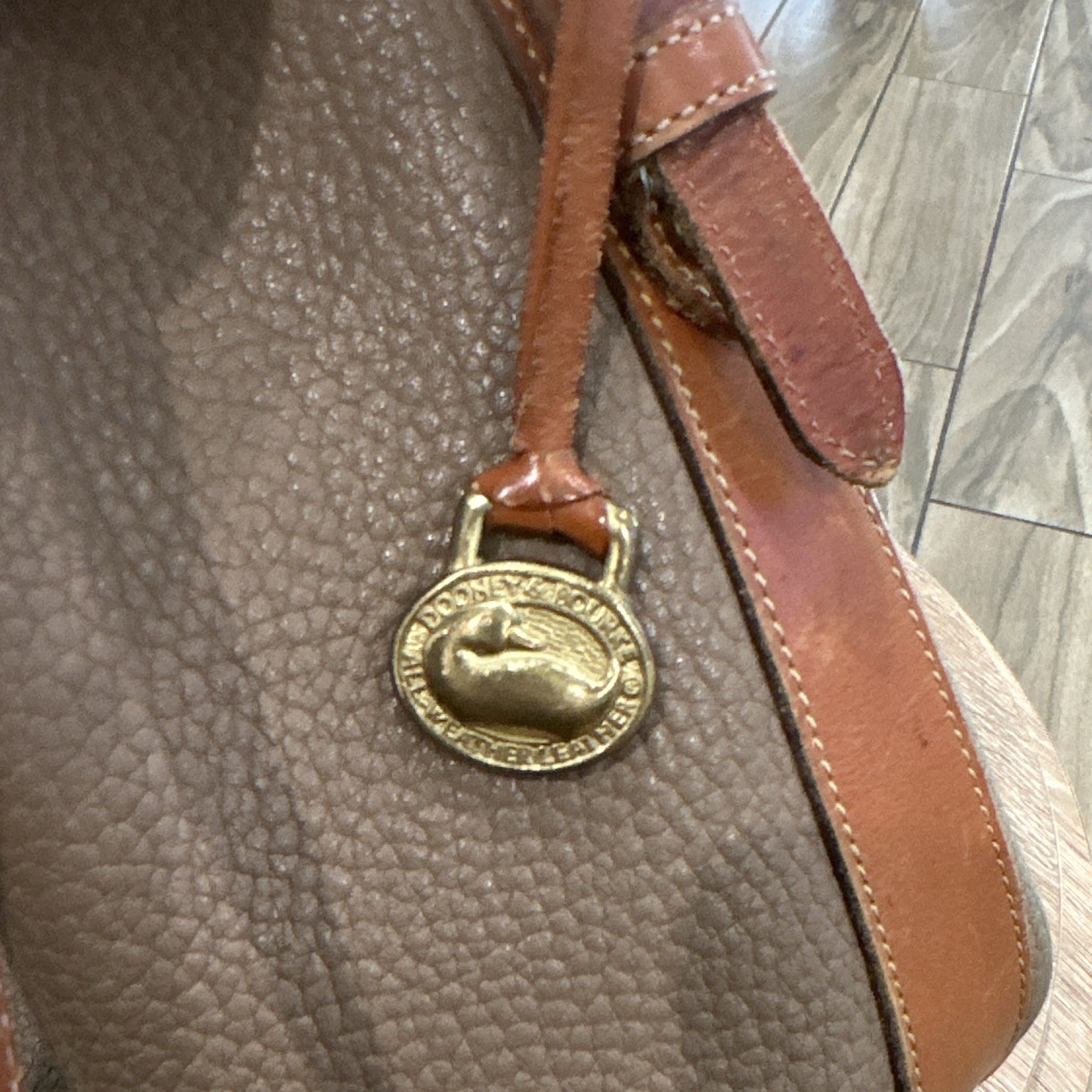 Dooney & Bourke Vintage Pebbled Taupe Drawstring Bucket Bag Detachable Strap