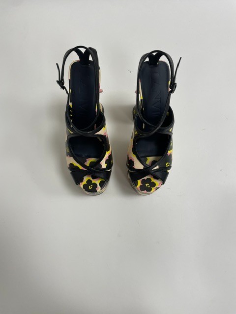 Lanvin Paris Black Floral Platform Sandal Heels Ankle Strap EU37 US 7 MSRP $2145
