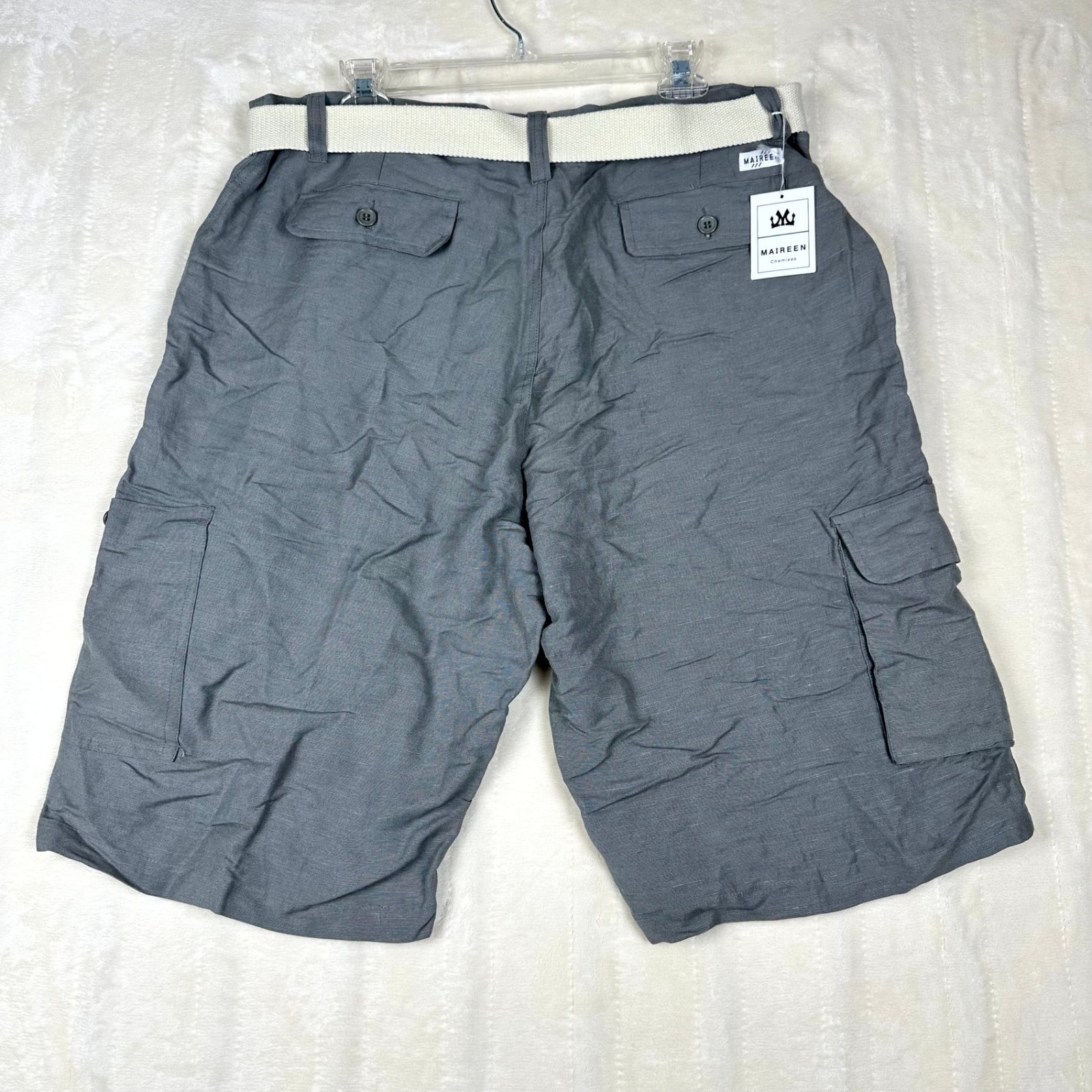 Maireen Men’s Gray Linen Blend Cargo Shorts Size 38 w/ Belt Casual Summer