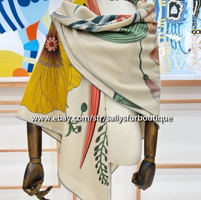 Sallys 70% Cashmere & 30% Silk Stole Flowers Print Double Face Scarf Shawl 53″