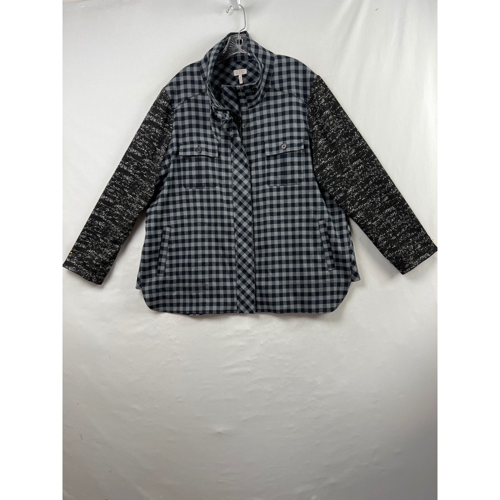LOGO Lori Goldstein Plaid Jacket Womens 1X Navy Gray Black Mixed Media Snap Zip