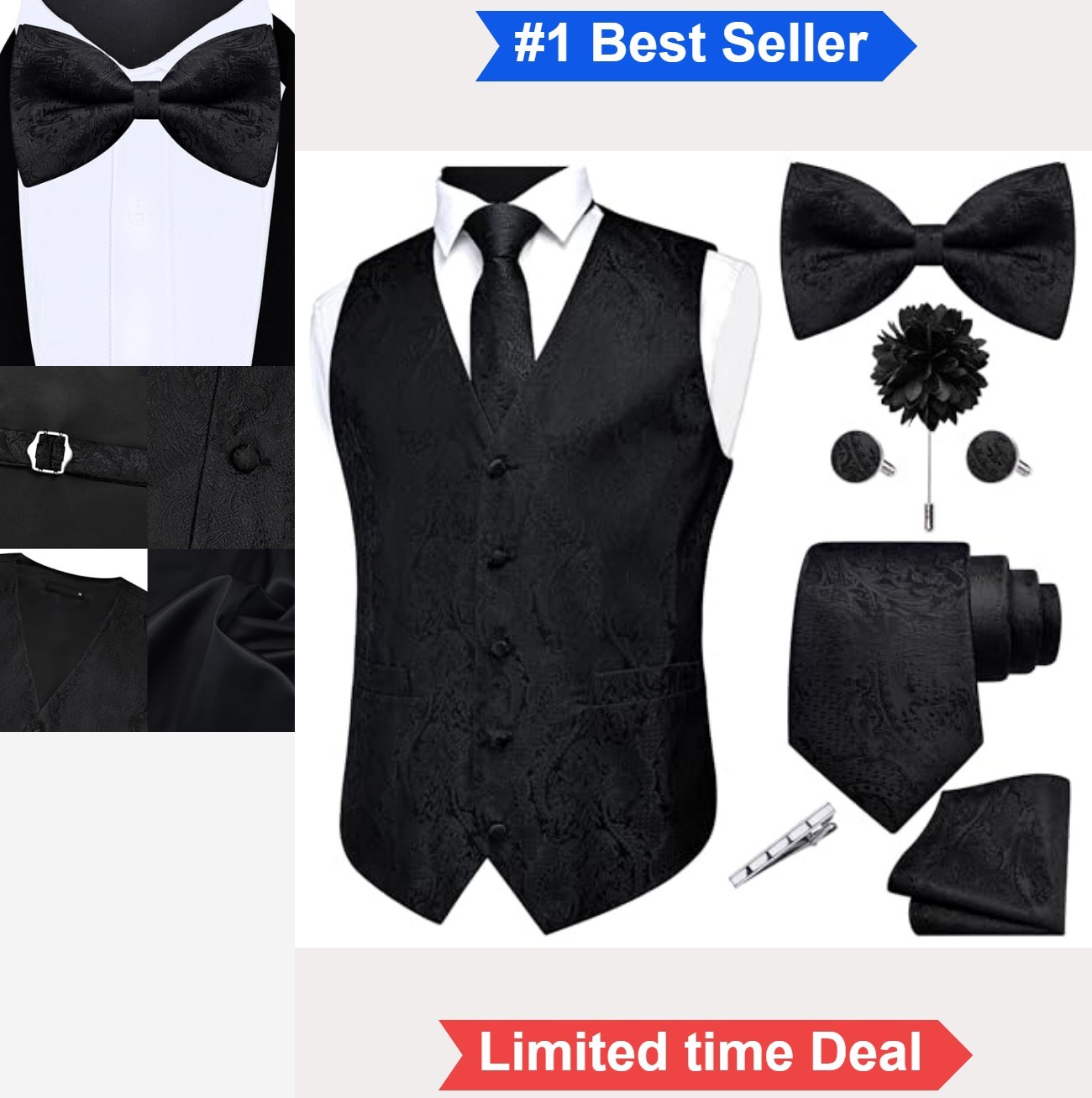 Men Suit Vest Set 7 Piece Paisley Jacquard V-Neck Formal Wedding Accessories