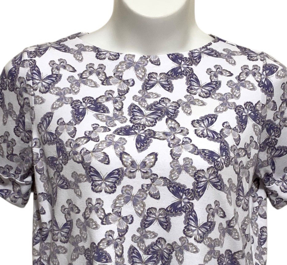 Hasting & Smith Top Women’s Large White Purple Butterflies Short Cuffed Sleeves