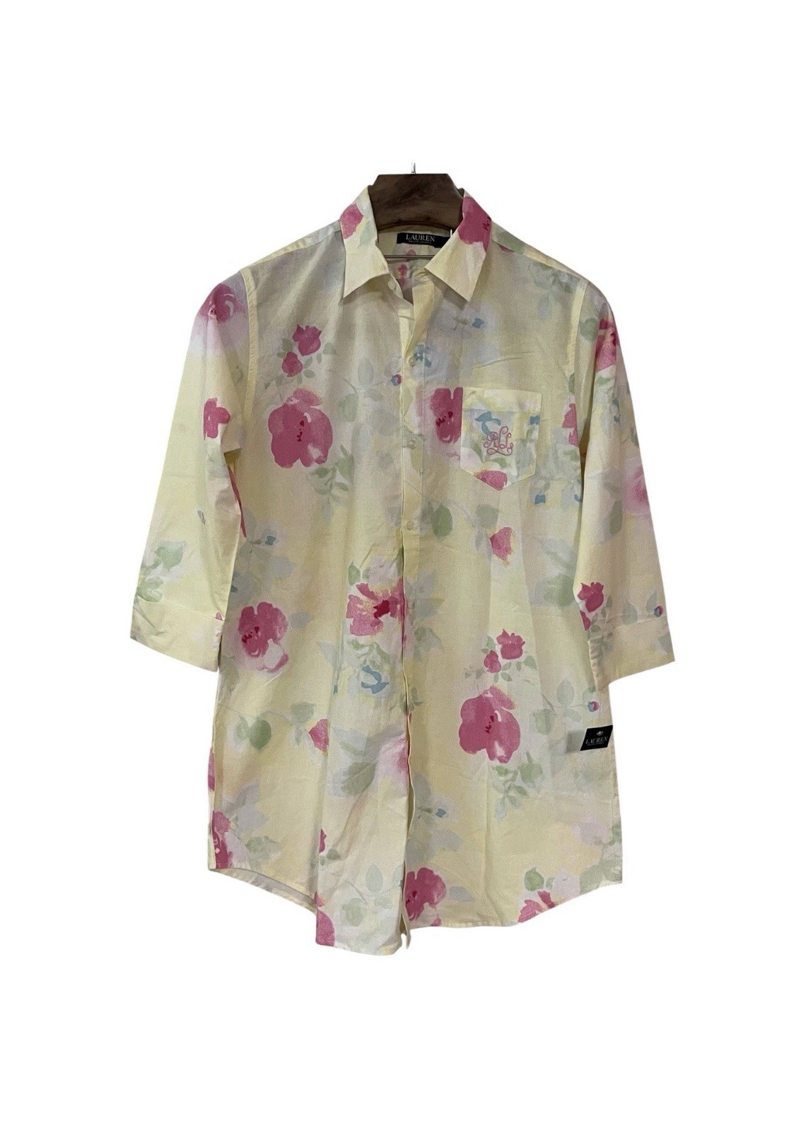 Lauren Ralph Lauren Yellow Pink Floral Cotton Sleep Shirt Gown LRL Monogram Sz L