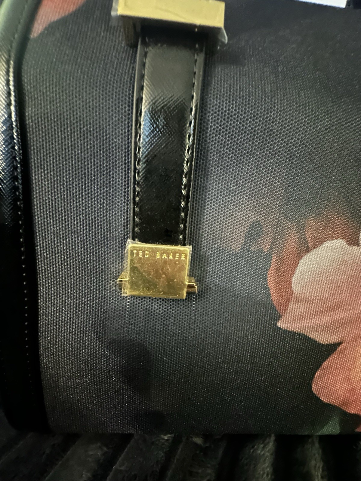 Ted Baker Floral Print Tote Satchel Handbag Black Patent Trim Gold Hardware