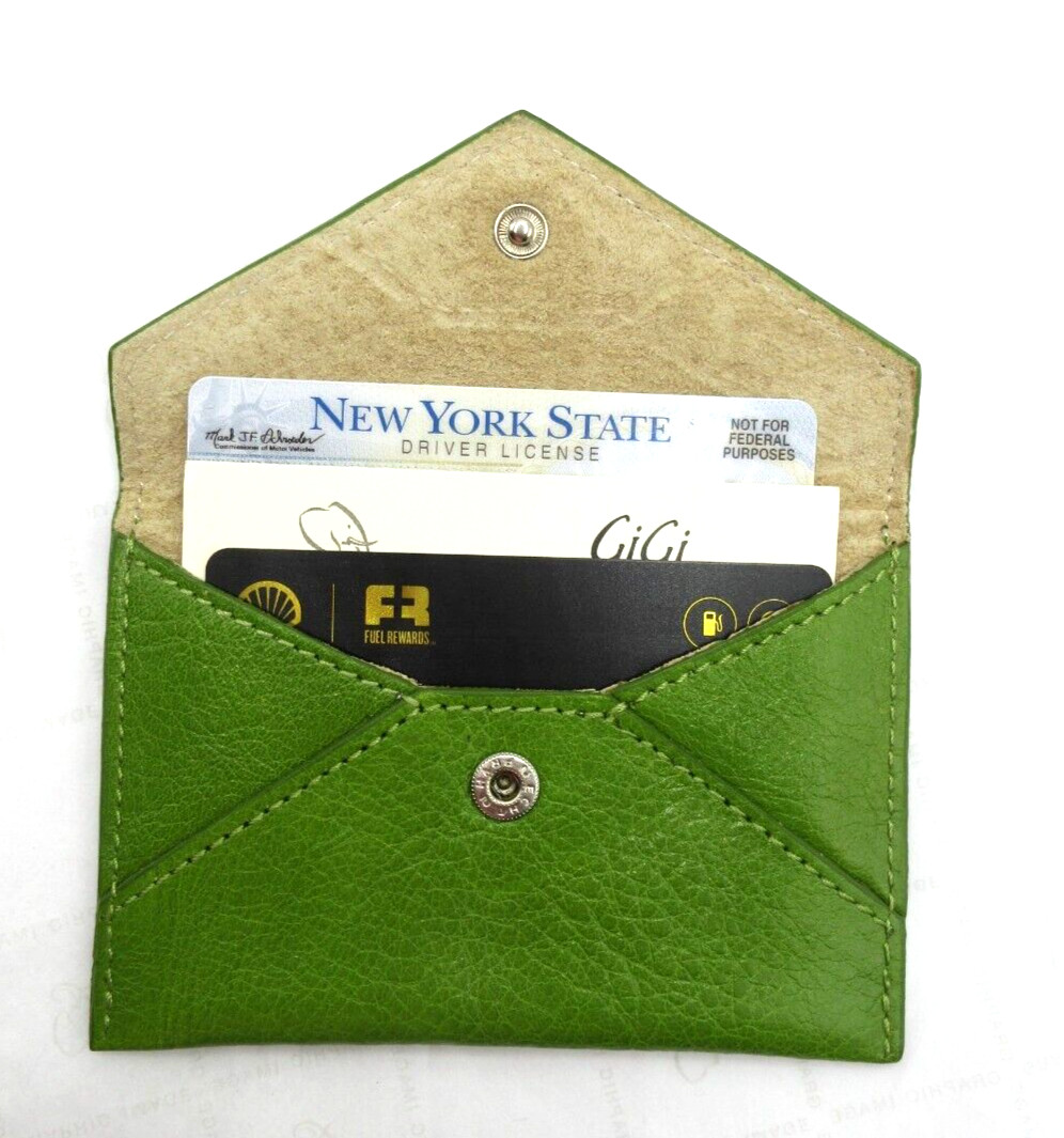 Envelope Card Holder MINI Leather Holds Business Credit Graphic Image LIME GREEN