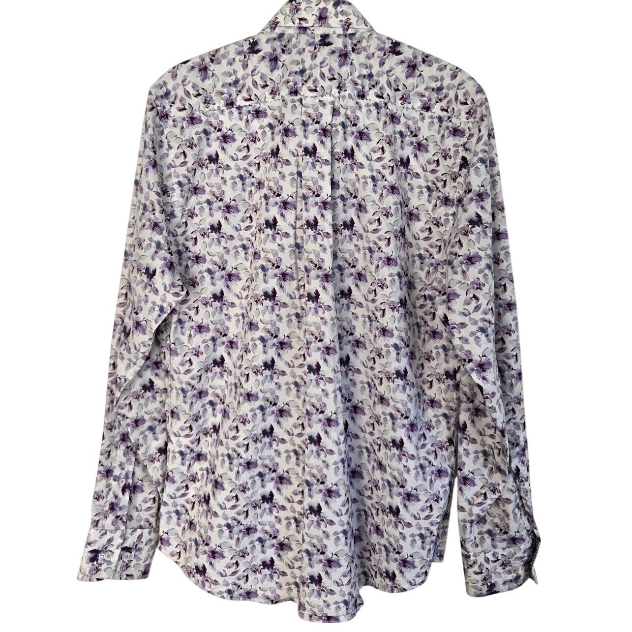 Stafford White Button Down Shirt Purple Blue Watercolor Floral Print Stretch S