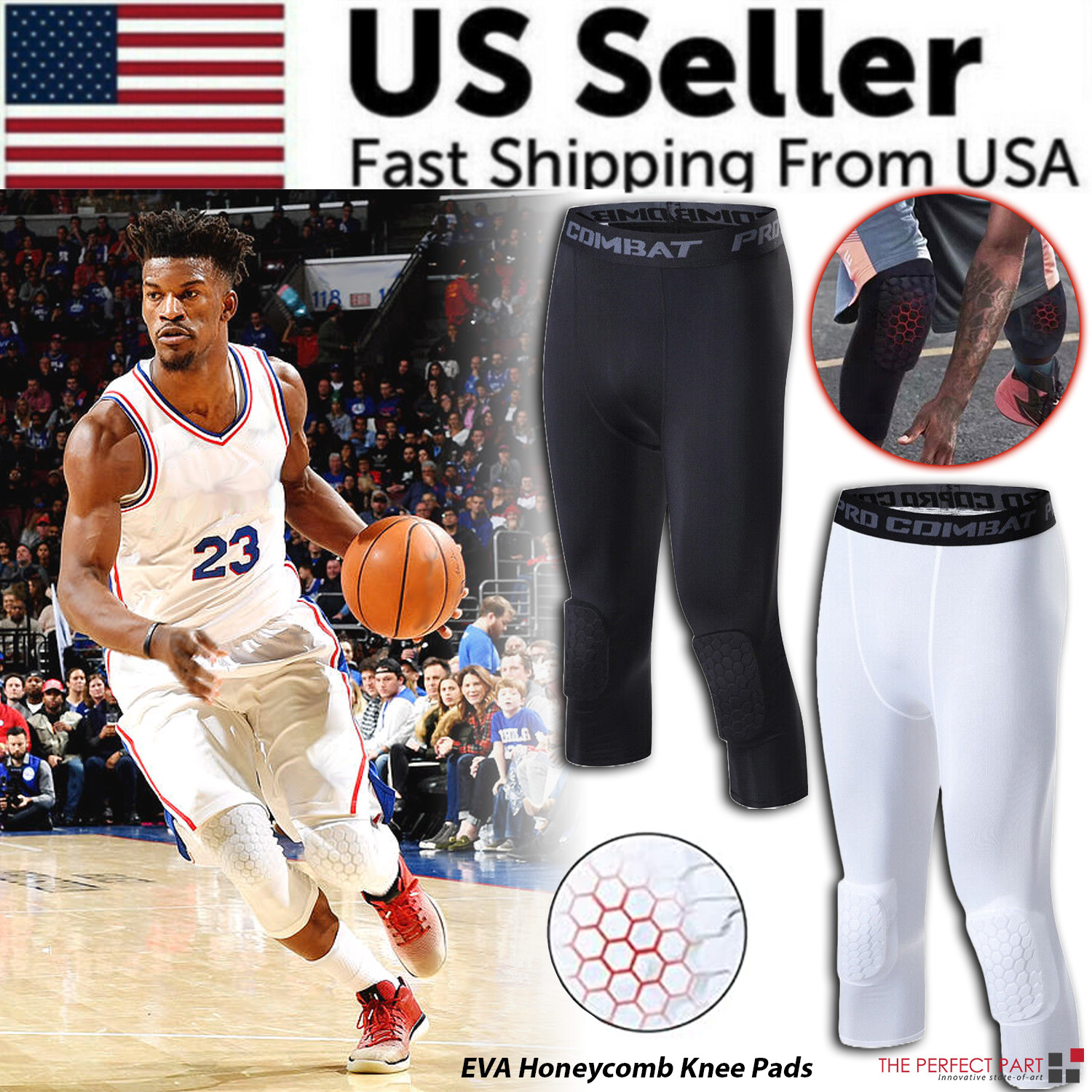 Men’s Basketball Sports Tight Pants 3/4 Compression Workout Leggings Knee Pads