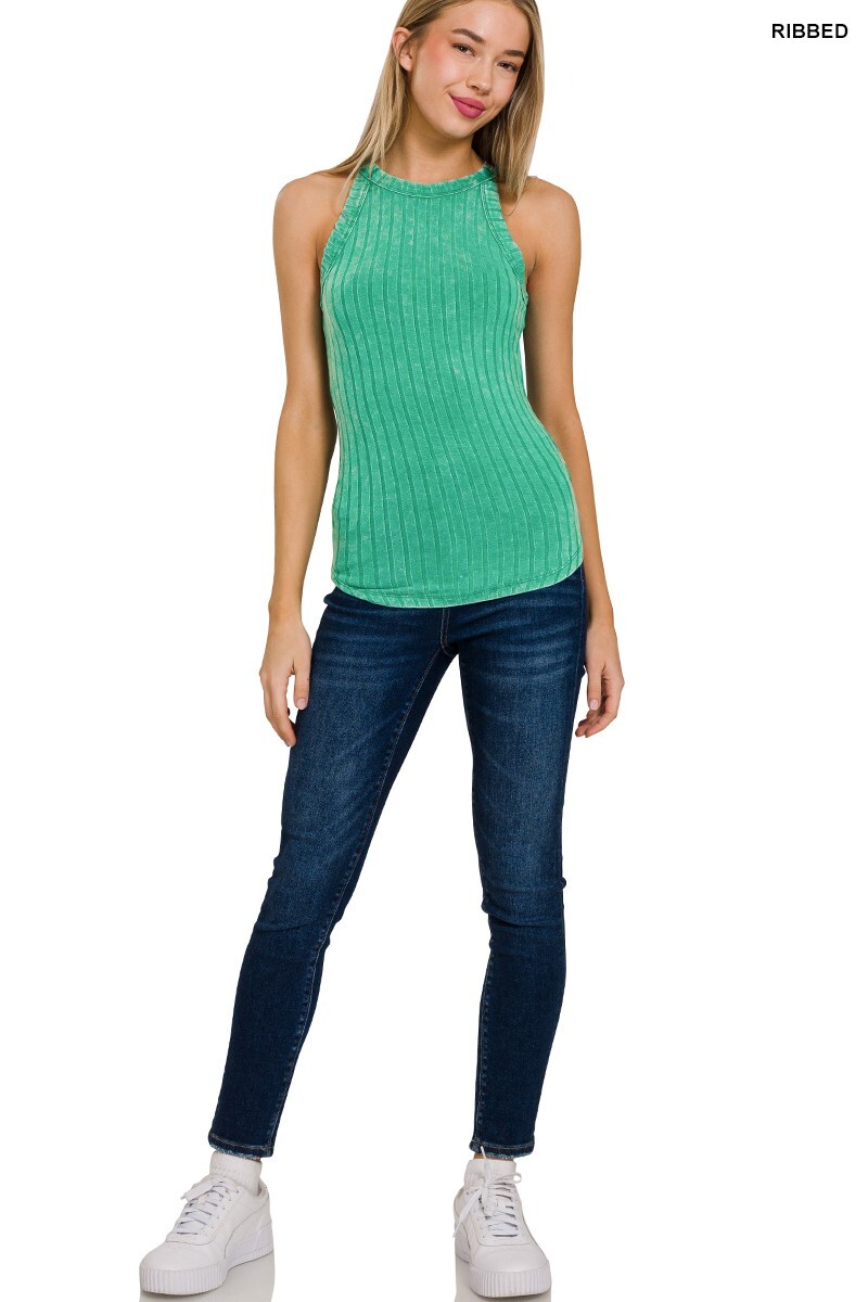 Women’s Washed Crew Halter Neck Soft Stretch Rayon Ribbed Tank Sleeveless Top