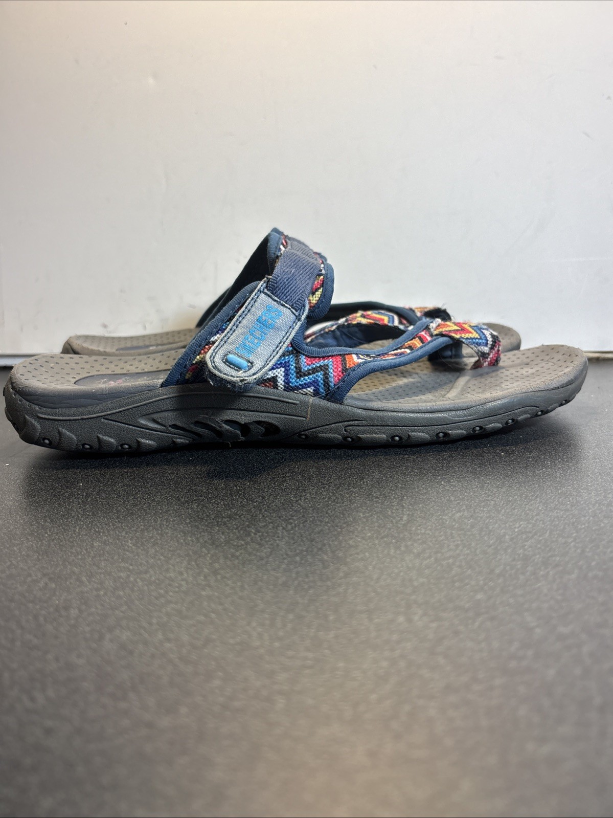 Skechers Sandals Reggae Zig Swag Strappy Slides Blue Toe Loop Sandals Size 8.5