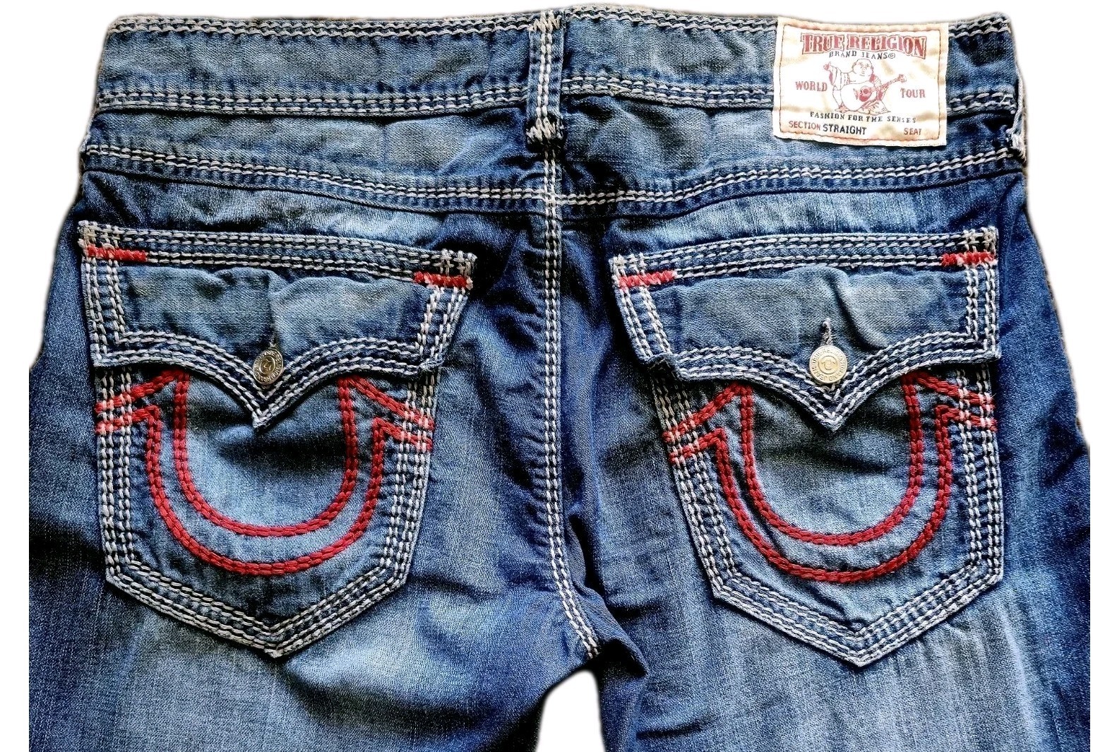True Religion Mega T Straight Flap Jeans Red Mens 36 Thick Stitch Y2k Streetwear