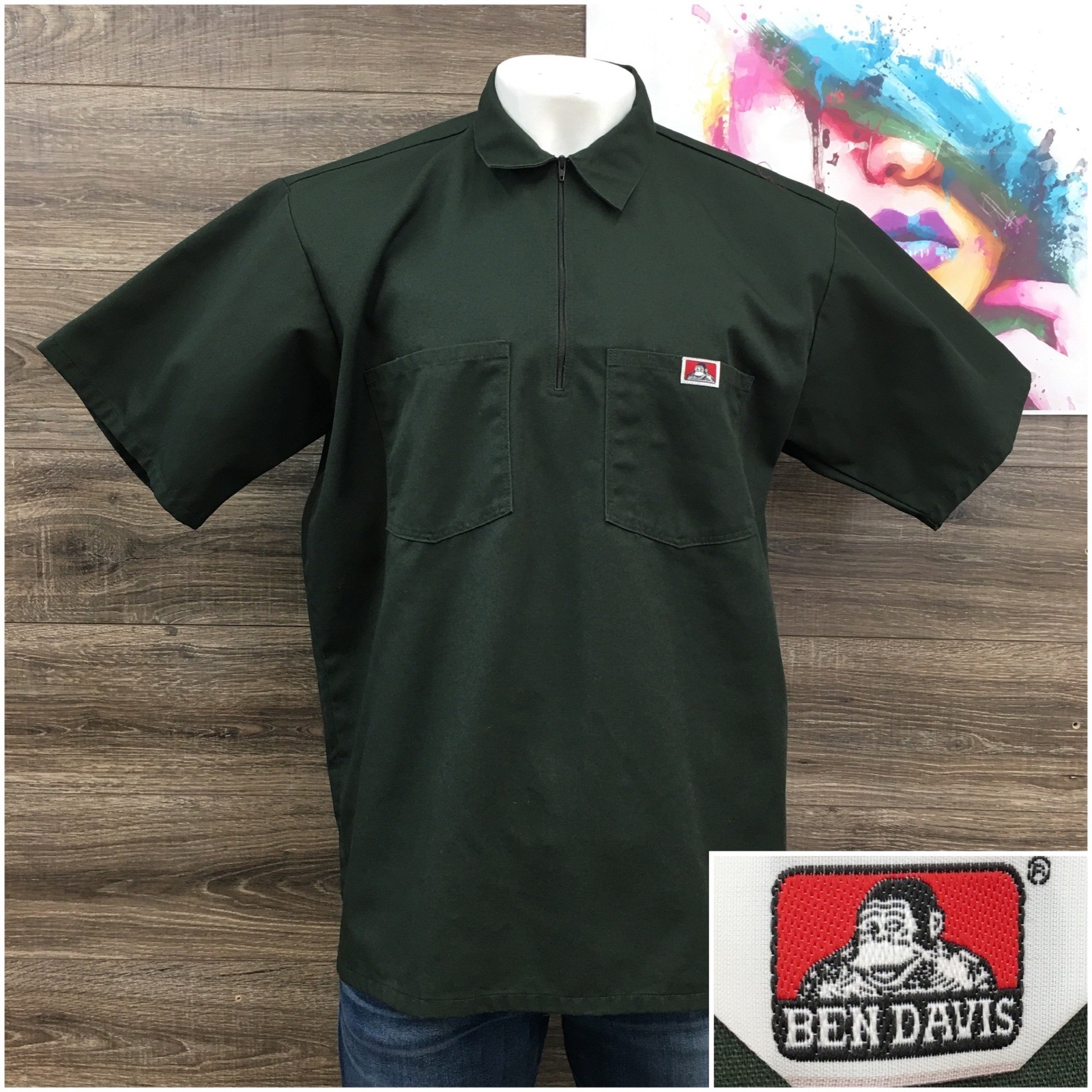 VINTAGE Ben Davis Mens Y2K XL Green Short Sleeve Half Zip Work Shirt Pocket Tee