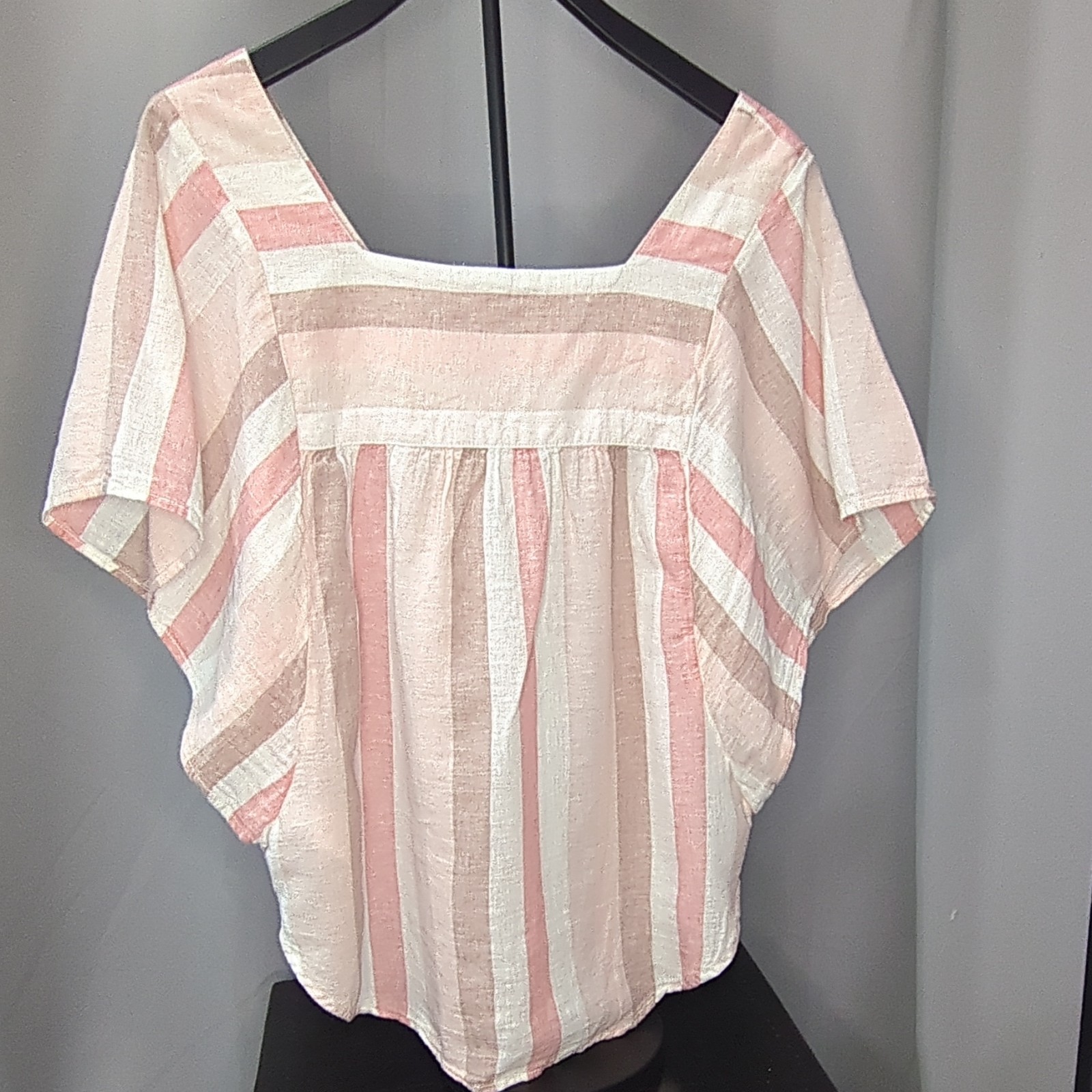 beachlunchlounge Pink Brown Striped Feminine Linen Blend Blouse L