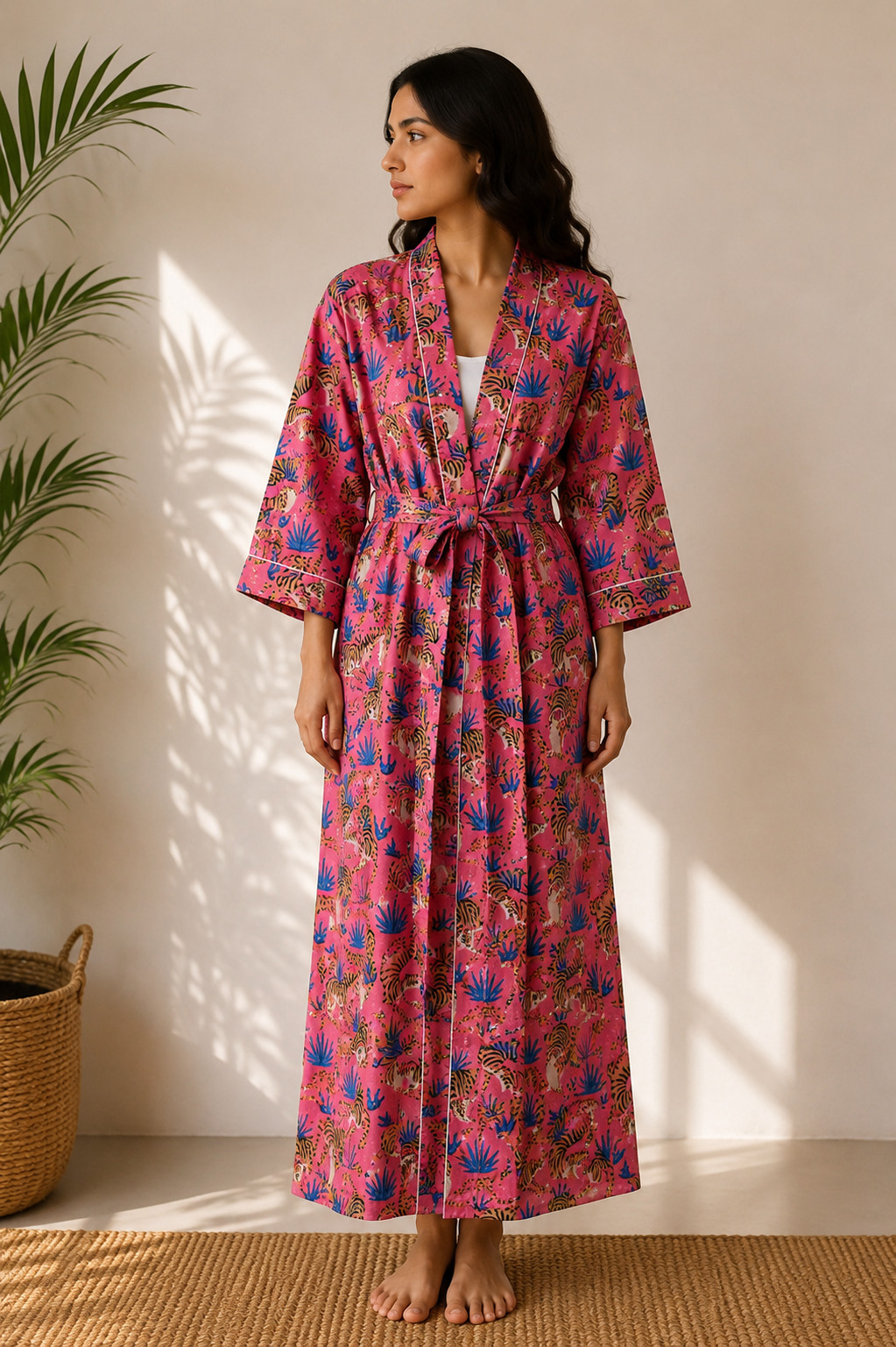 Women’s Cotton Kimono Robe Pink Tiger Print Long Boho Dressing Gown Lounge Wear