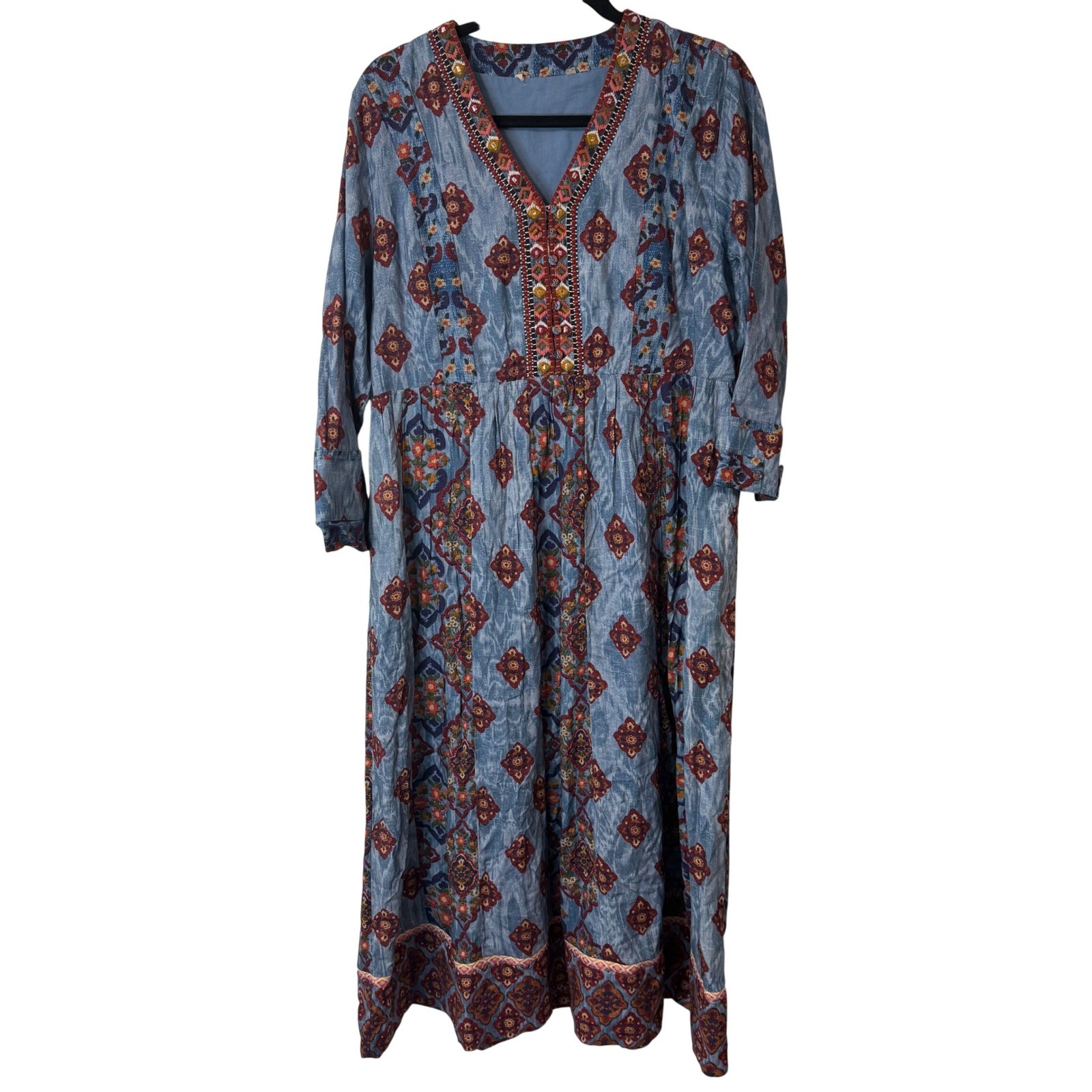 Soft Surroundings San Remo Midi Maxi Dress Blue Boho Embroidered Ikat 2GTB6