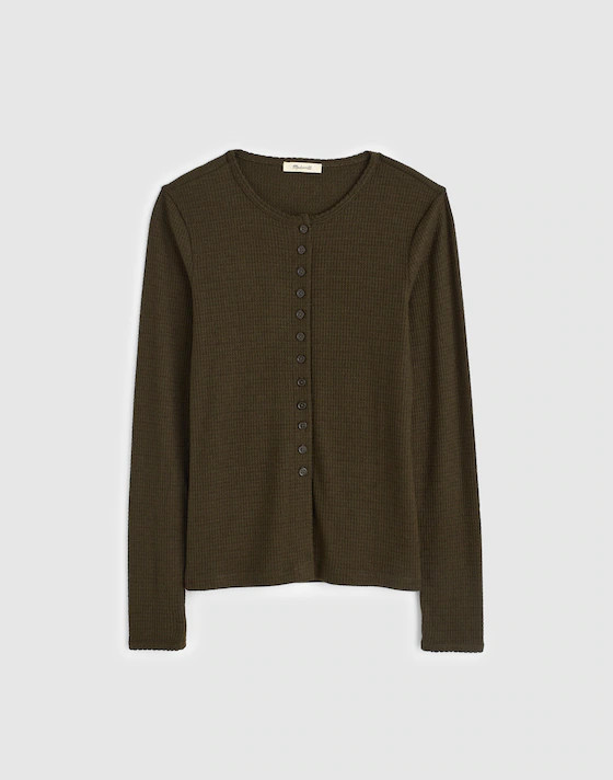 NWT Madewell Waffle-Knit Cutaway Crewneck Cardigan – Midnight Olive Green XS