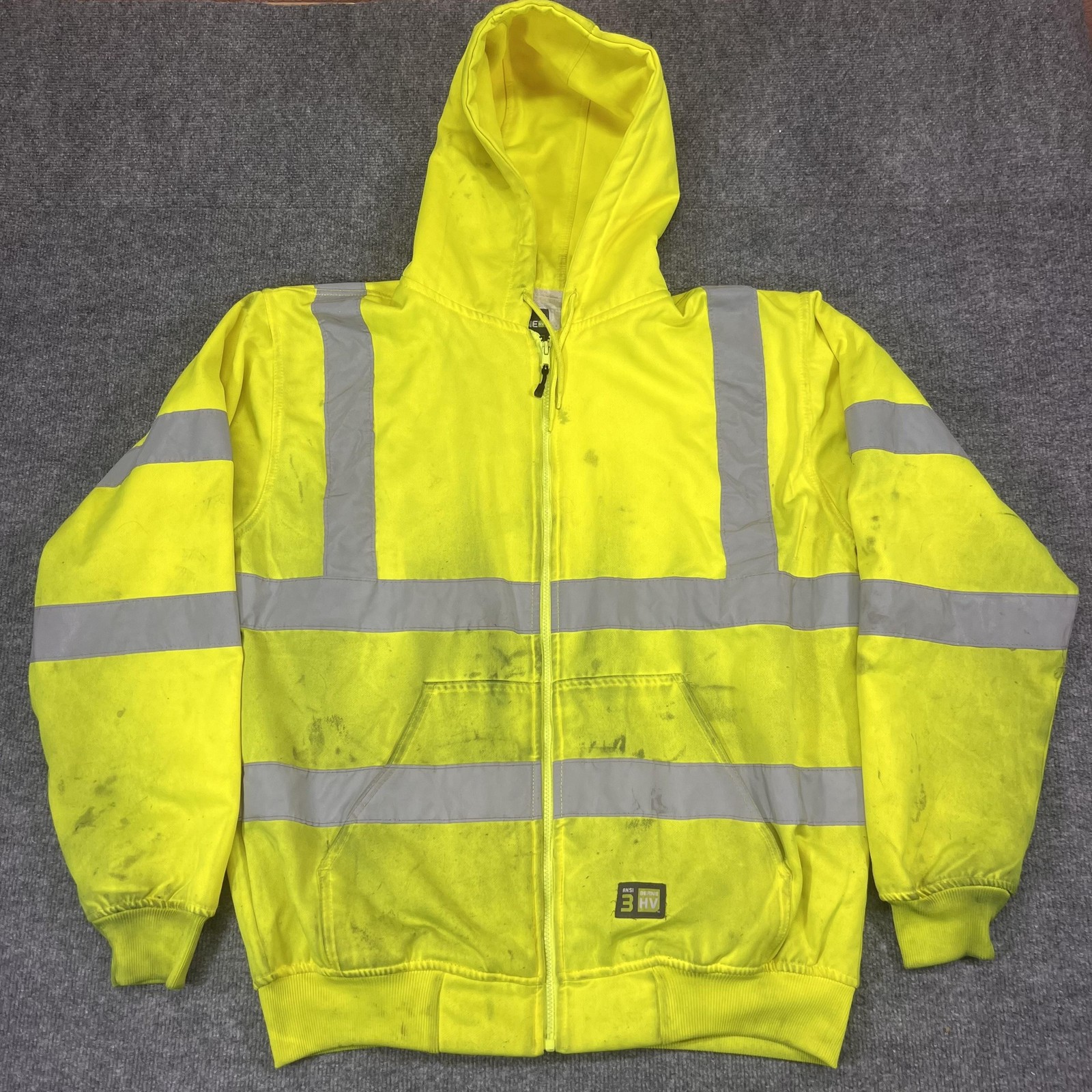 Berne Jacket Mens L Yellow Hi Vis Reflective Hooded Zip Front Construction