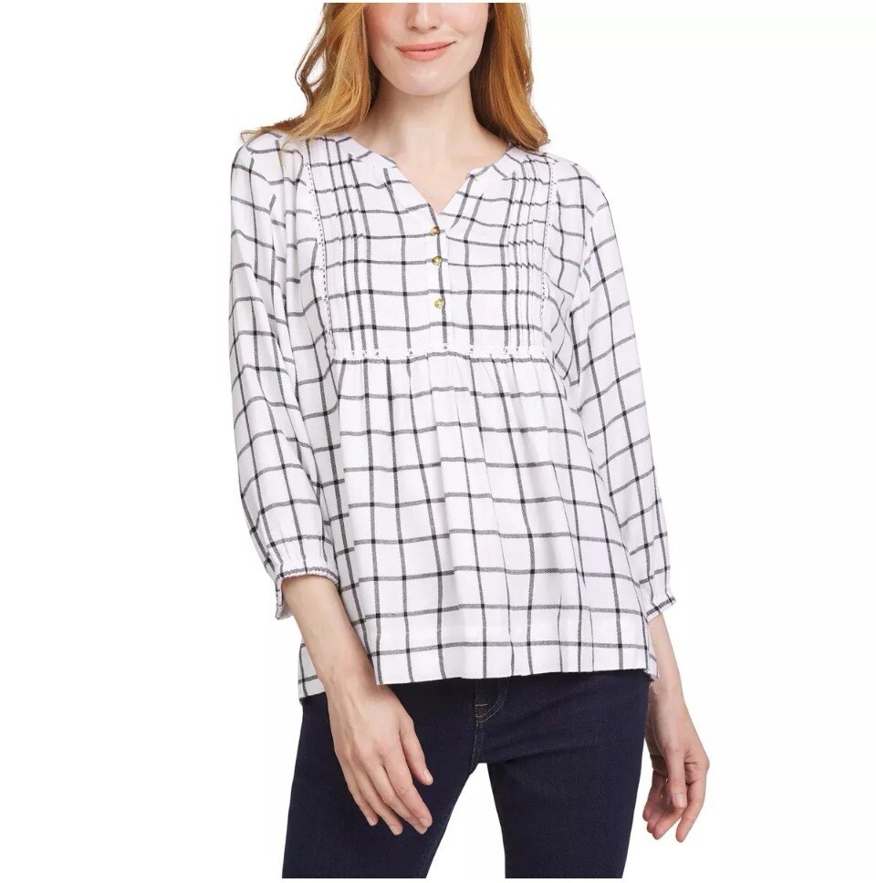Wrangler Black & White Plaid Blouse, 3/4 Bracelet Sleeves, Medium, 100% Viscose.