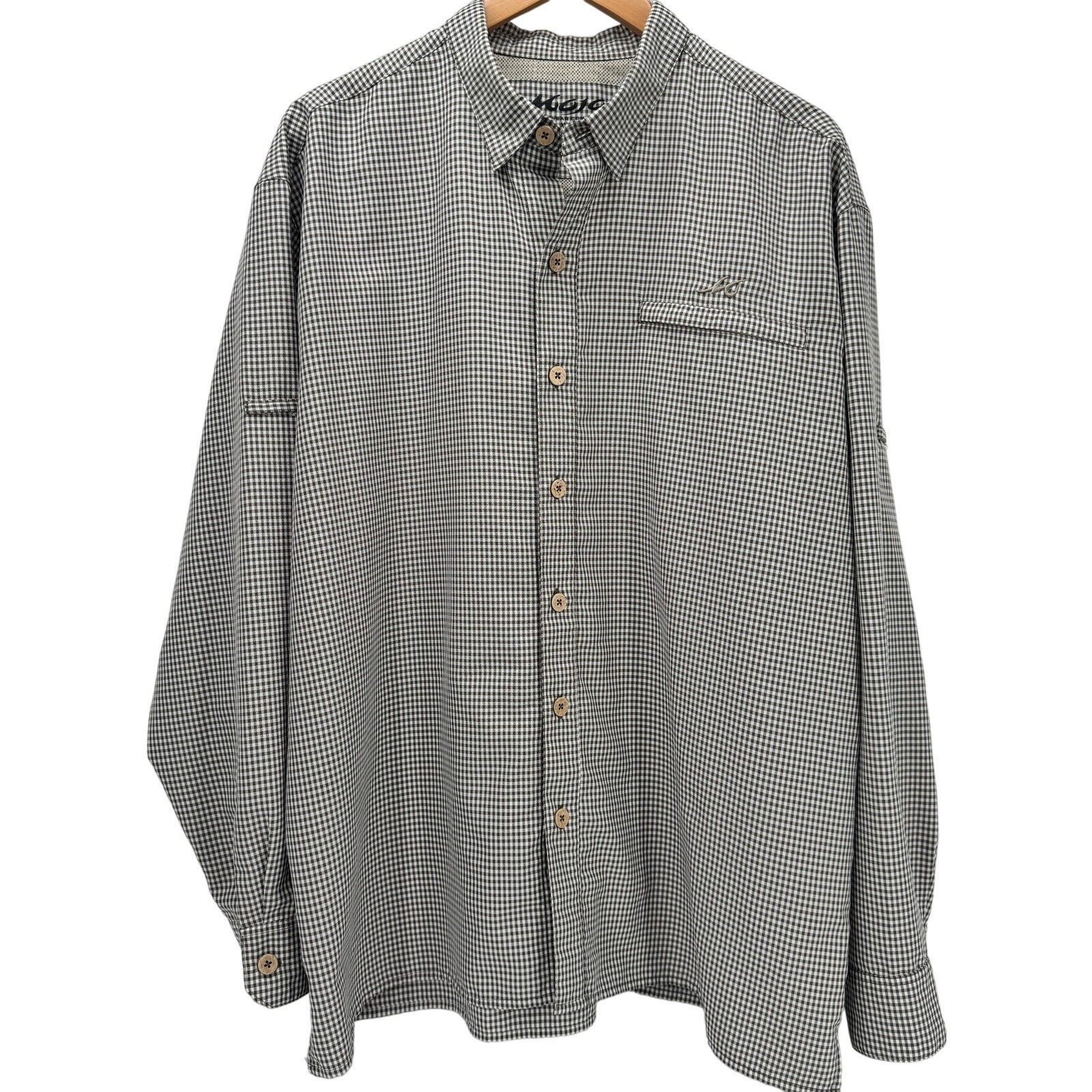 Mojo Sportswear Shirt Mens XL Tan White Gingham Check Vented Fishing Button Up