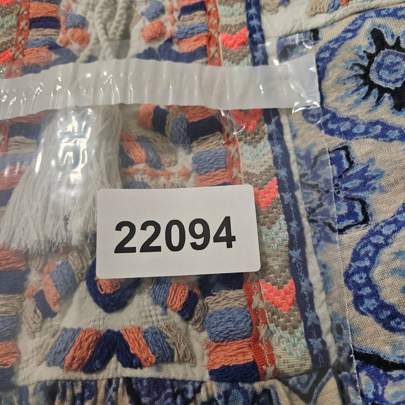 Lucky Brand Blue Tile Print Embroidered Peasant Blouse Tassel Top Womens Medium