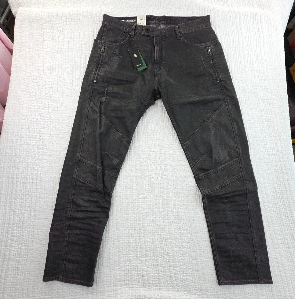 G-Star Raw Mens Black Jeans Ignition Destroyed 36×32 Moto Cross 3D Zip Slim