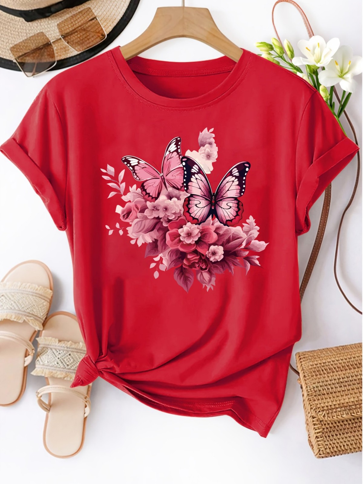 Women’s Casual Short-Sleeve T-Shirt Butterfly Floral Design Soft Stretch Tops ♪