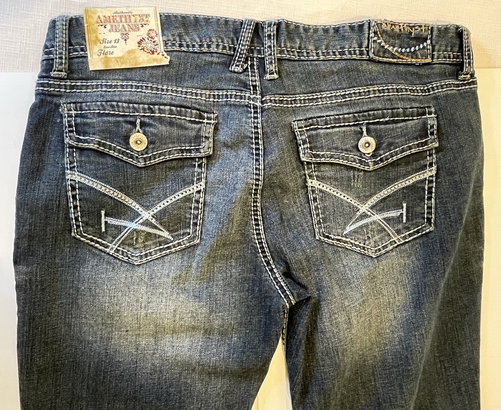 Amethyst Jeans Juniors 13 Blue Bootcut Flare Stretch Denim Dark Wash Embroidered