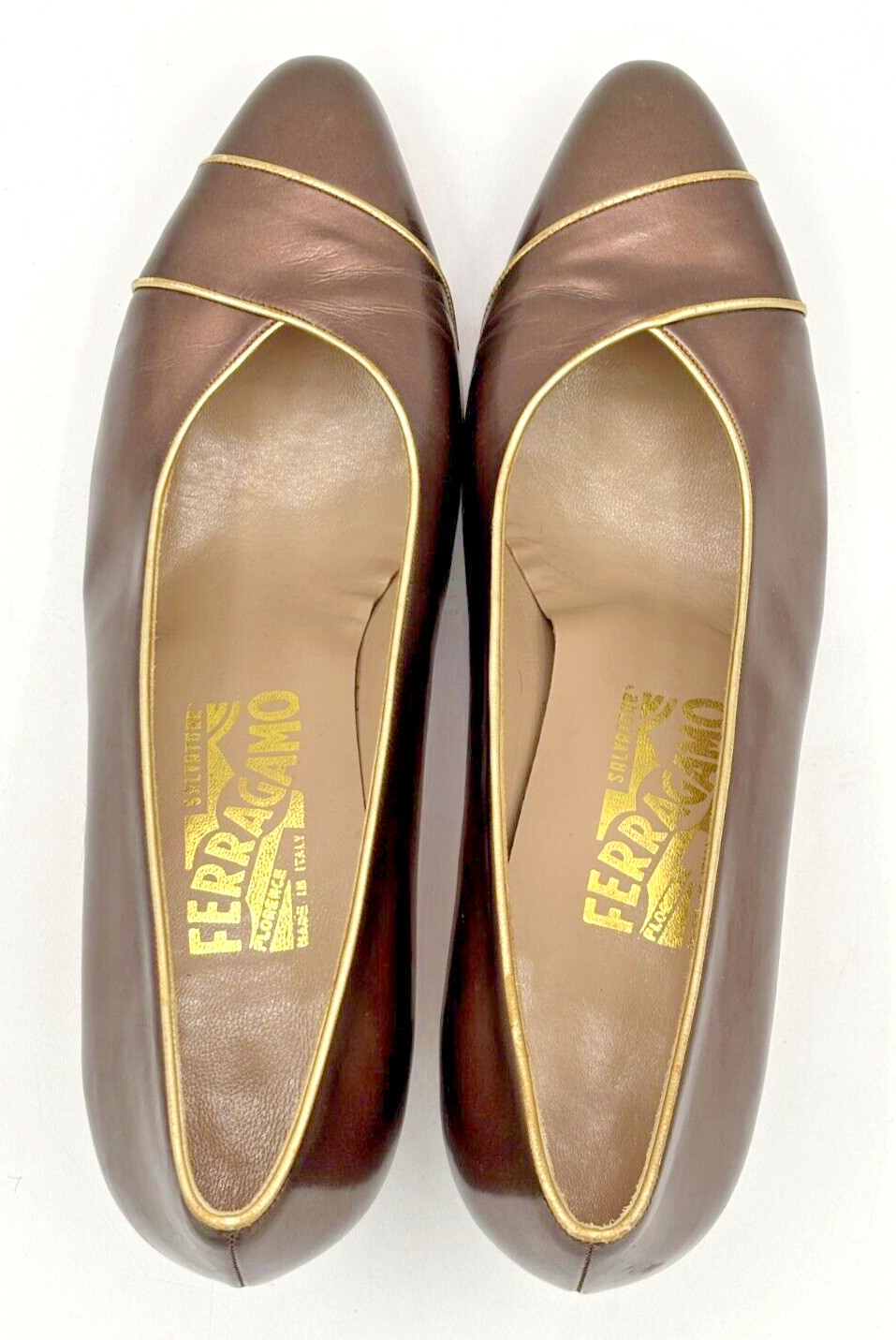 Salvatore Ferragamo Women’s Leather Pumps Sz 8B Bronze w Gold Trim DD10681 EUC