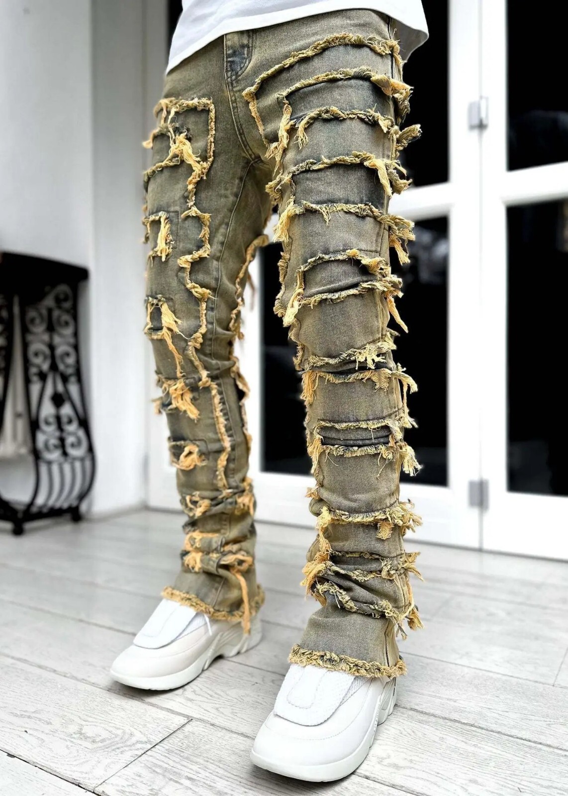 Men Fashion Jeans Street Stretch Patch Skinny Denim Straight Stacked Slim Pants