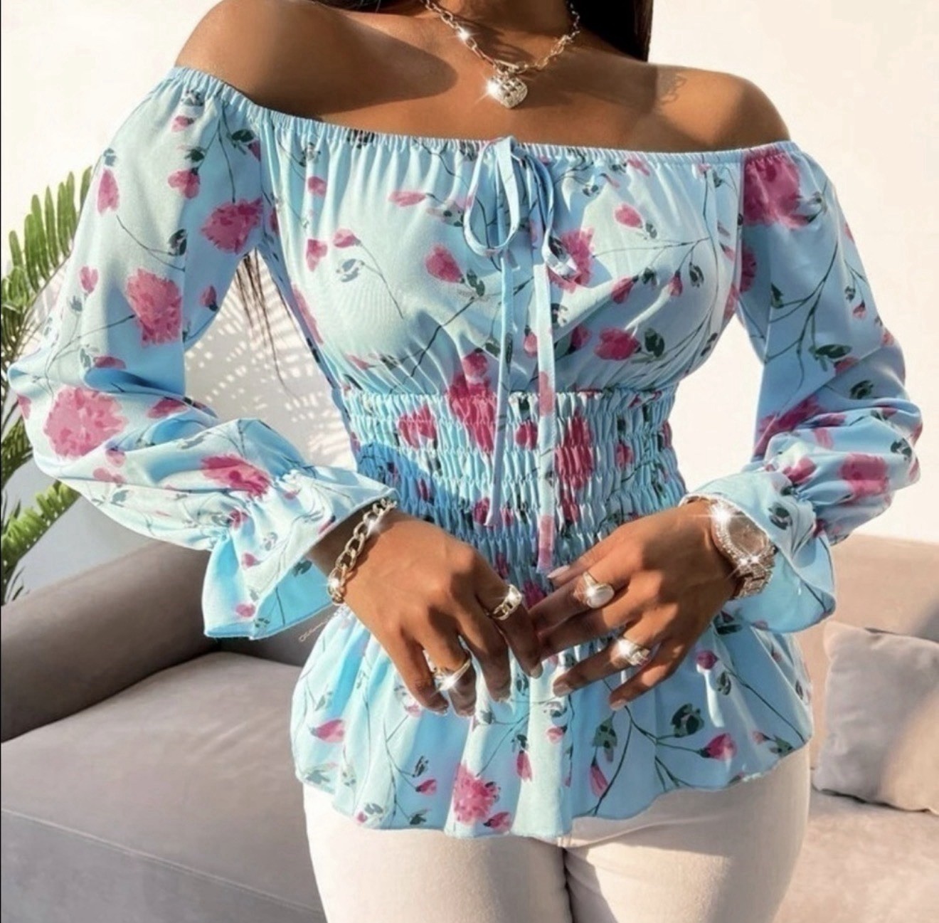 Women Floral Off Shoulder Peplum Blouse Blue Pink Smocked Long Sleeve Top