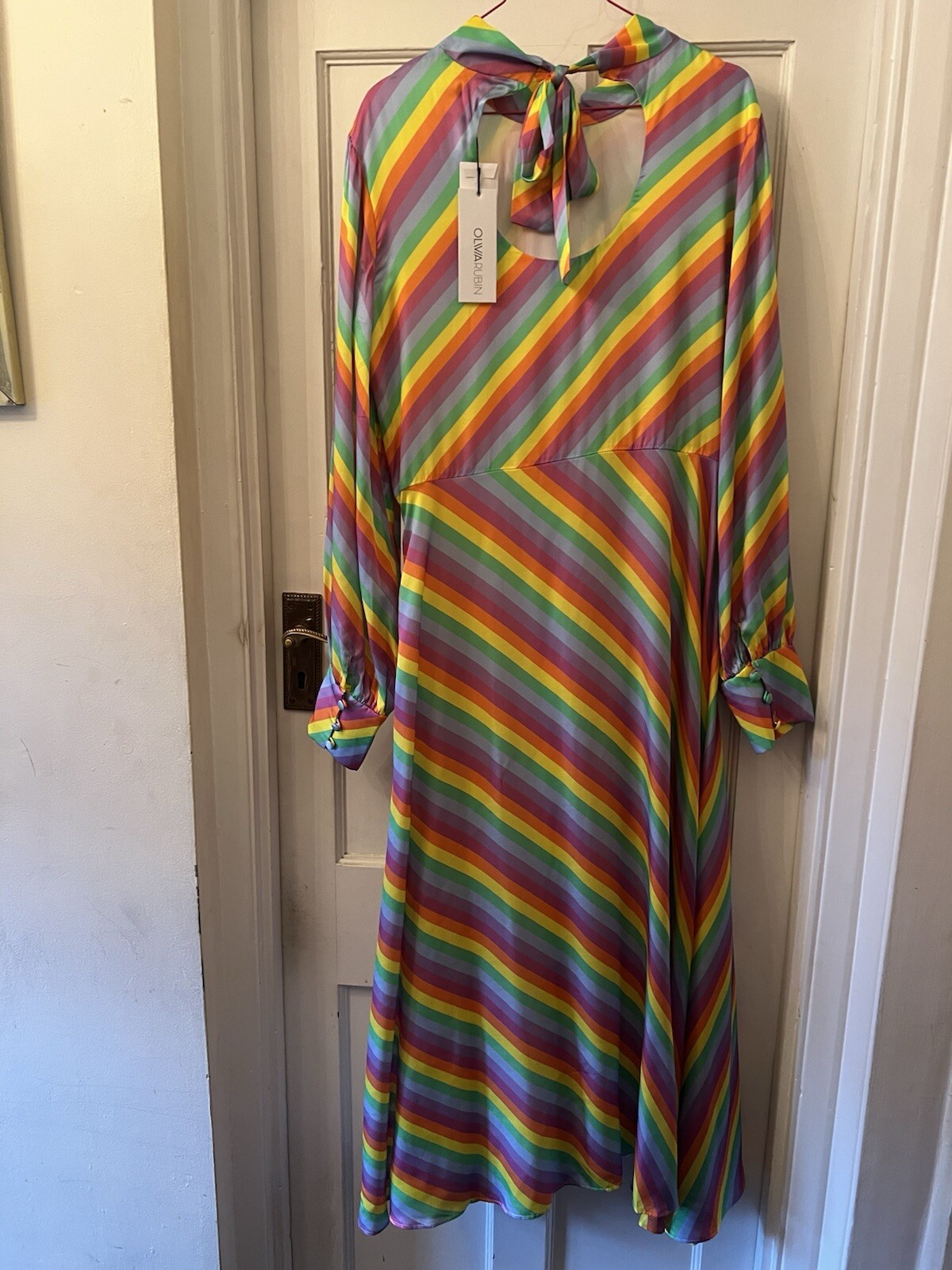 New Olivia Rubin Nessie Prism Stripe Silk Satin Print Midi Dress,UK 14