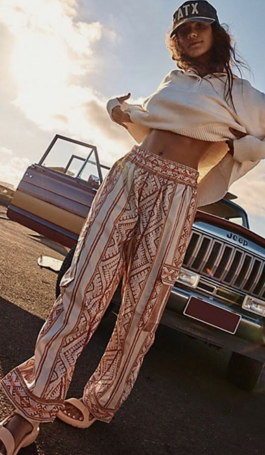 Free People Movement Visionary Printed Pant Elastic Waist Geo Ivory Brown M NWT