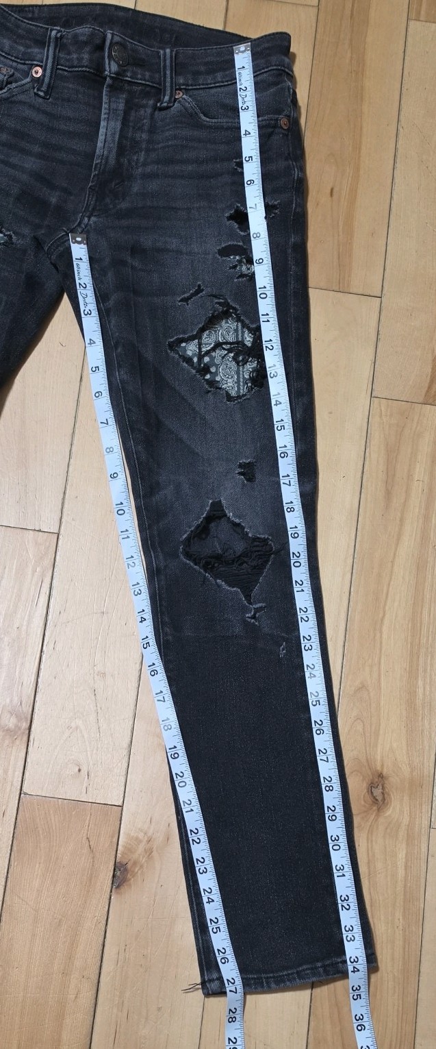 American Eagle Airflex 360 Skinny Jeans Black Distressed Ripped Patch Mens 26×27