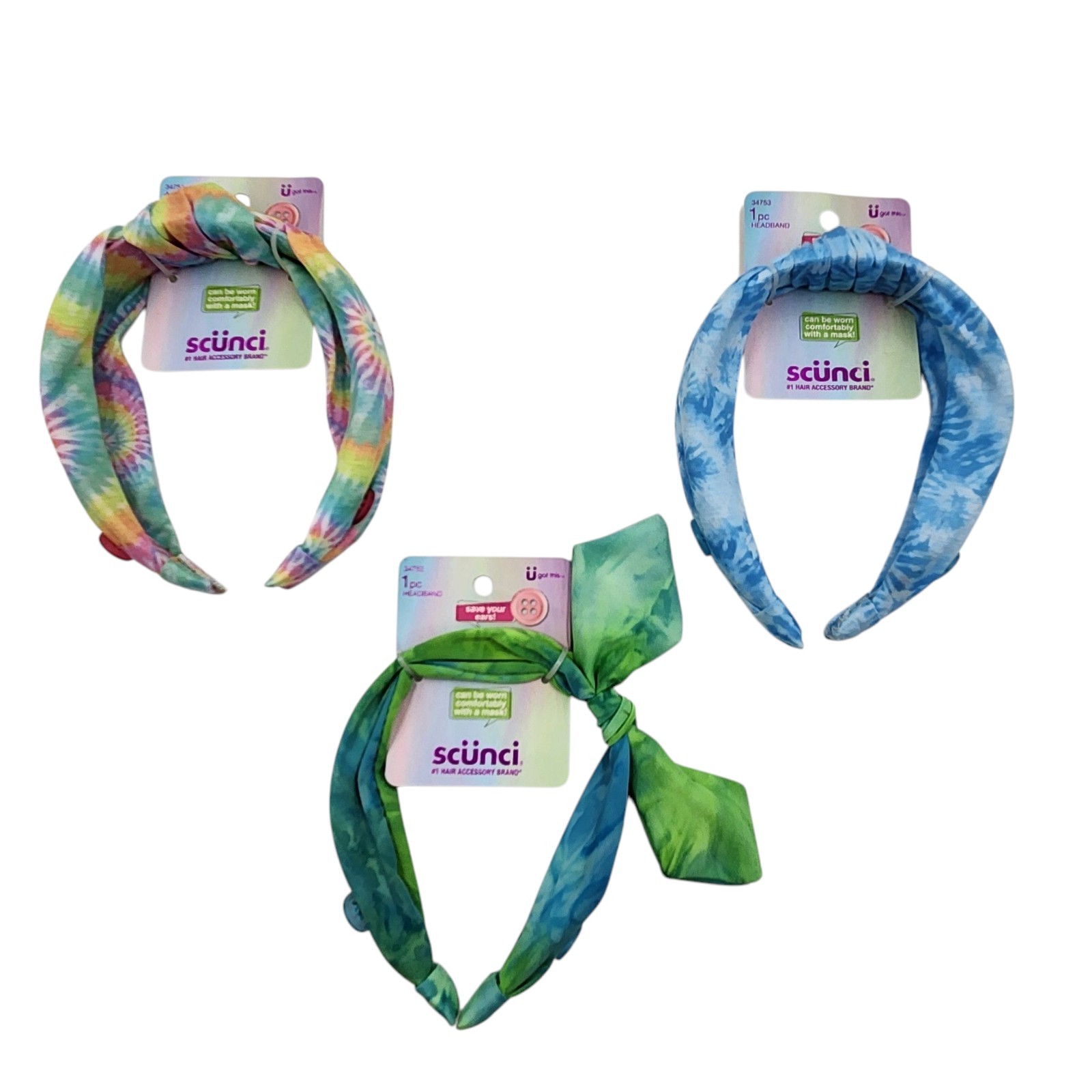 Scunci U Got This Headband with Buttons for Mask 3 Pcs Multicolor Tie Dye Set