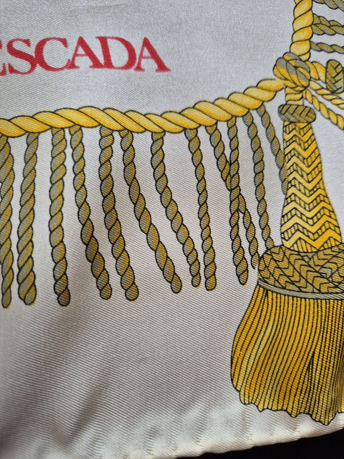 ESCADA 82cm Vintage Silk Square Scarf Family Crest Shield Cream Yellow Tassel