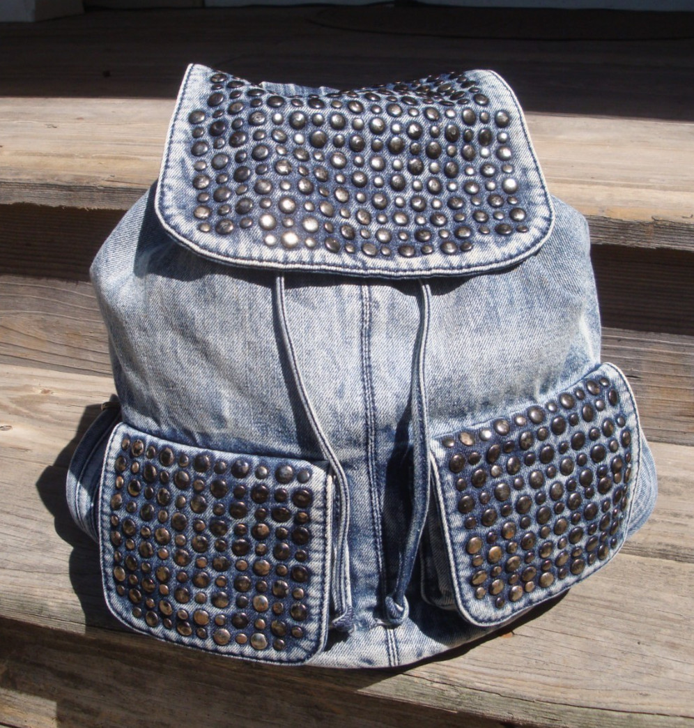 STREET LEVEL Denim Backpack Studded Boho Hobo Hippie Biker School Sling Bag Tote