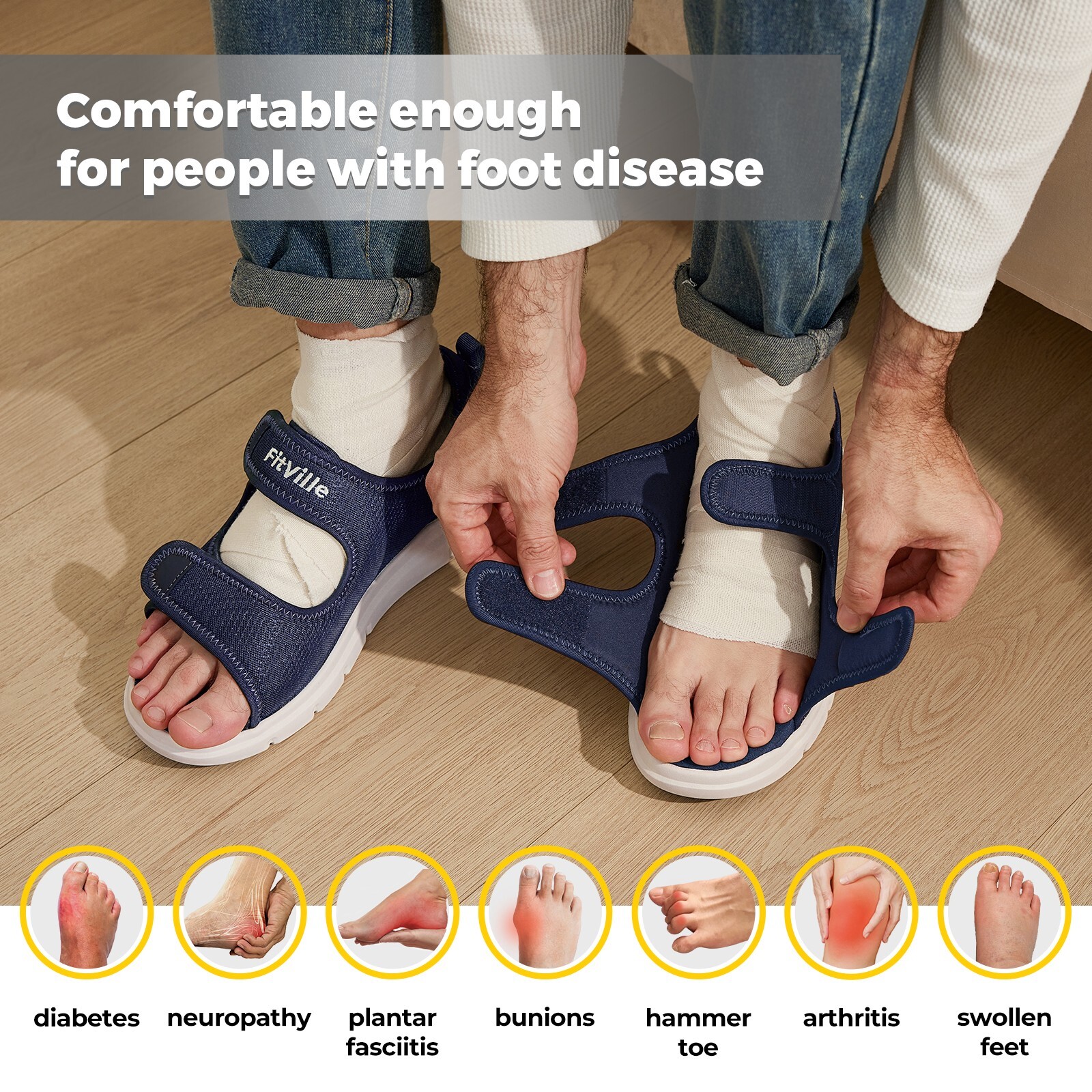 FitVille Men Diabetic Sandals Wide Width Edema Shoes w/ Adjustable Strap Slipper